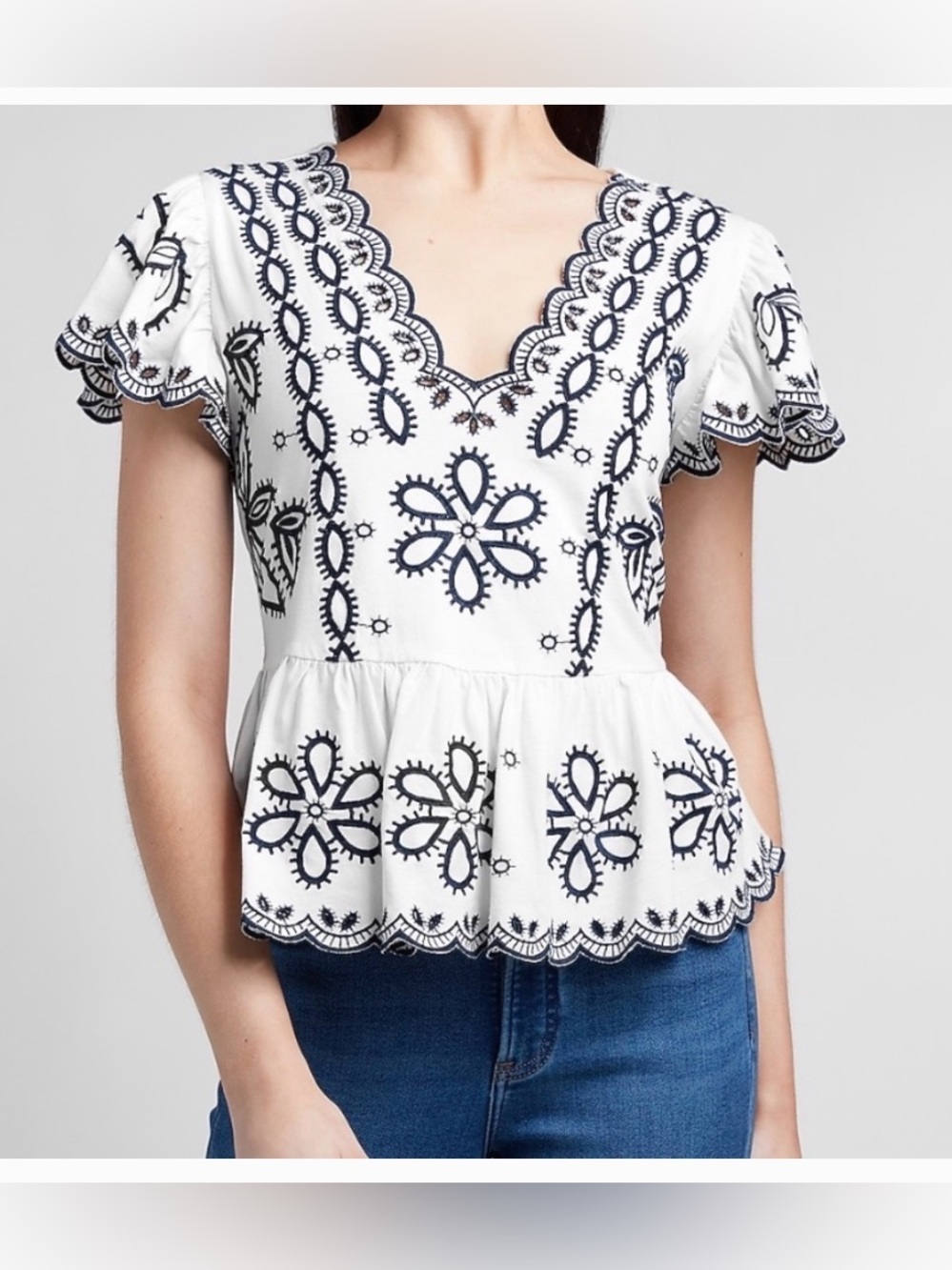 Express Cotton Embroidered Cream Top with Navy Detailing